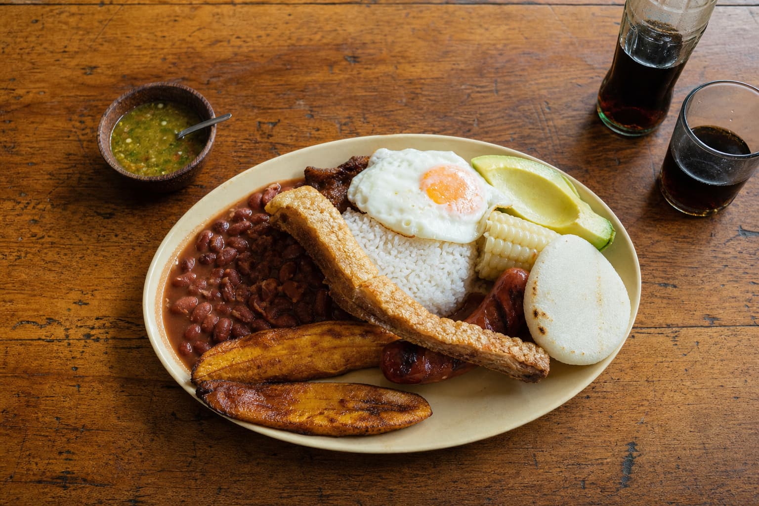 A full bandeja paisa plate with beans, rice, chicharrón and arepa