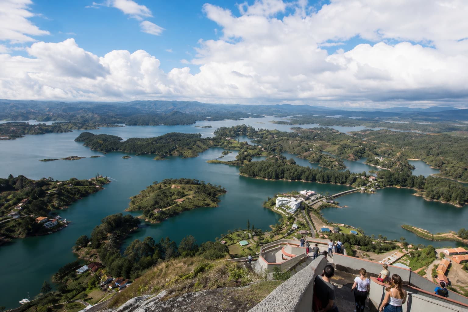 The Guatapé reservoir winding between green islands, seen from El Peñol
